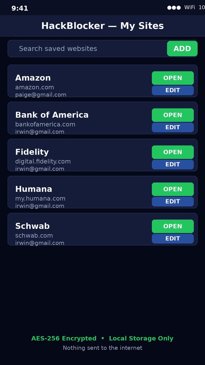 HackBlocker Android — encrypted site list